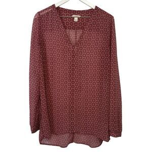 Caslon Geometric Pattern Popover Blouse size Large Pink Semi-Sheer V-Neck Top